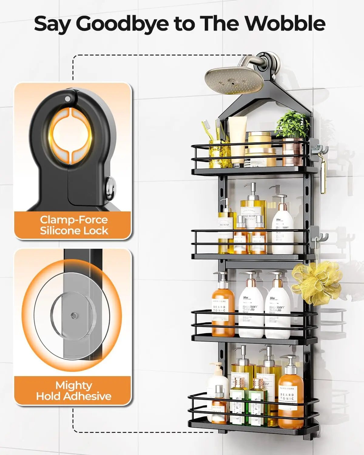 4-Tier Adjustable Shower Caddy with Anti-Swing Design, Large Capacity for Bathroom Storage - Black