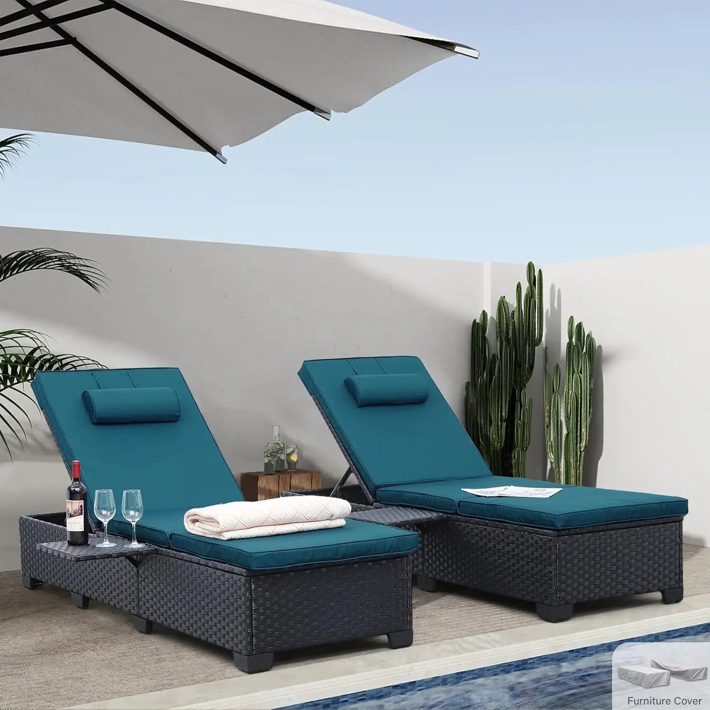 Outdoor Wicker Chaise Lounge Set for Patio with Cushions