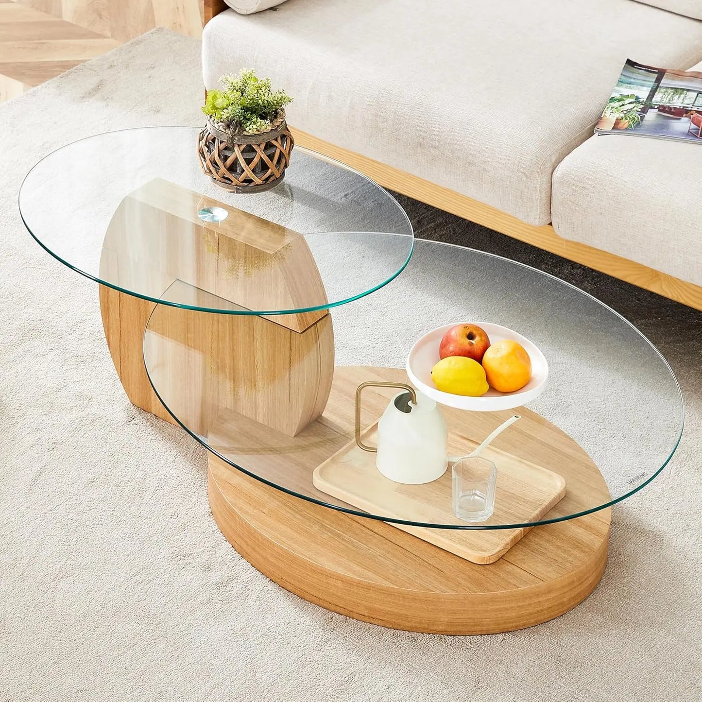 Tempered Glass Coffee Table With Three Tier Wood Base