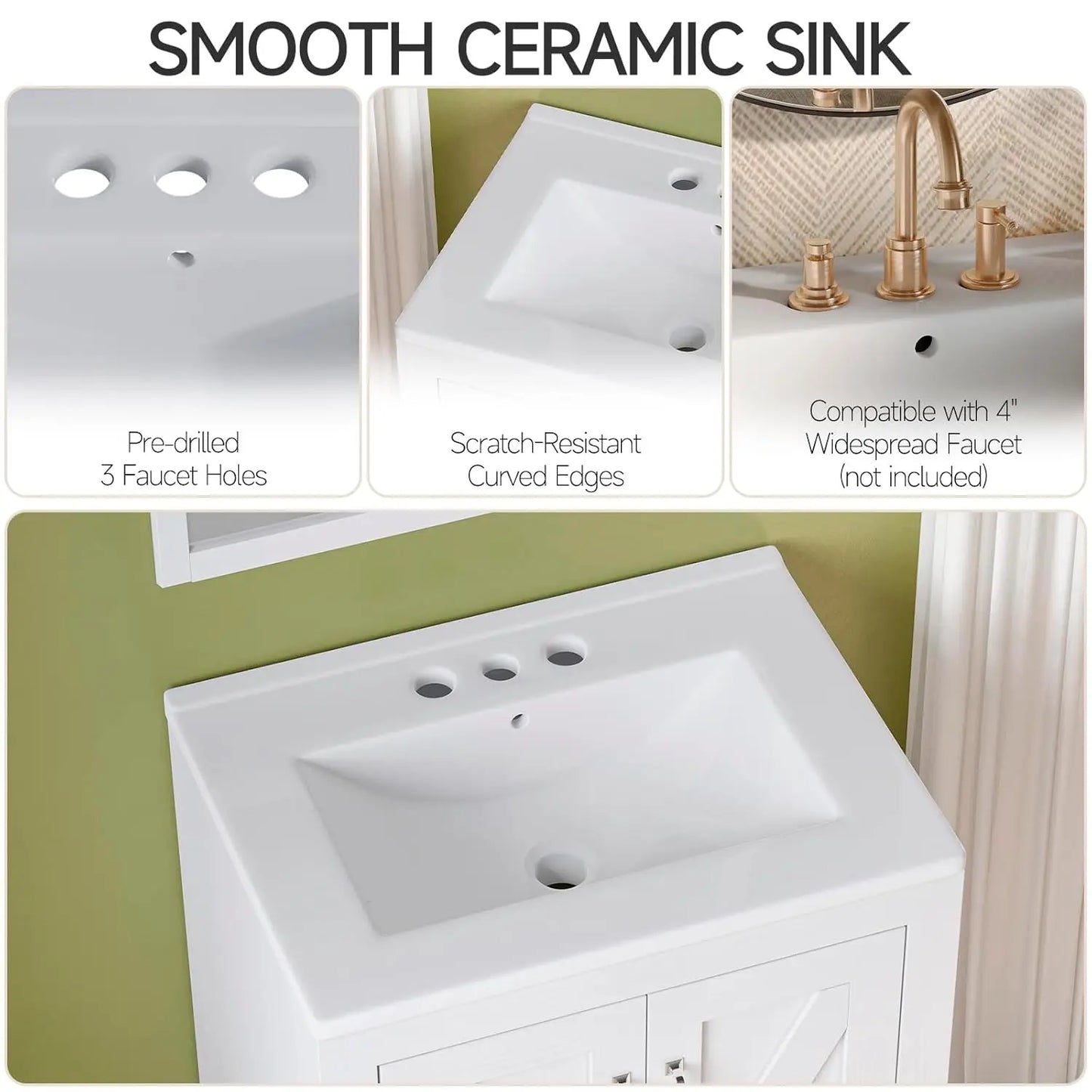Bathroom Vanity with Ceramic Sink, 24 Inch Bathroom Vanities with 2 Soft-Close Door & Metal Handle, Modern Single, Customized