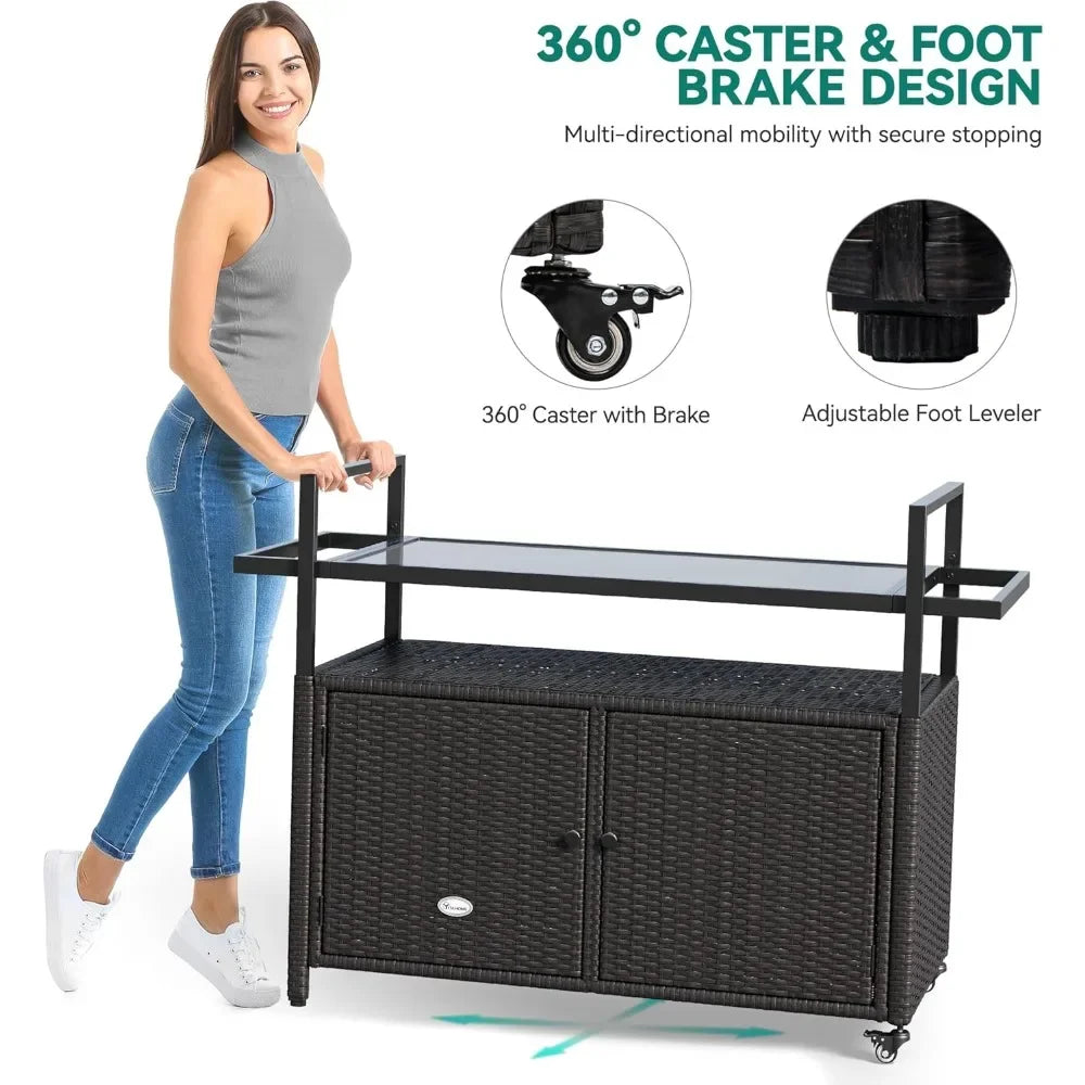 Large Outdoor Kitchen Wicker Island Rolling Cart & Patio Bar Table, w/Wheels and Black Glass Table Top Backyard and Poolside Da