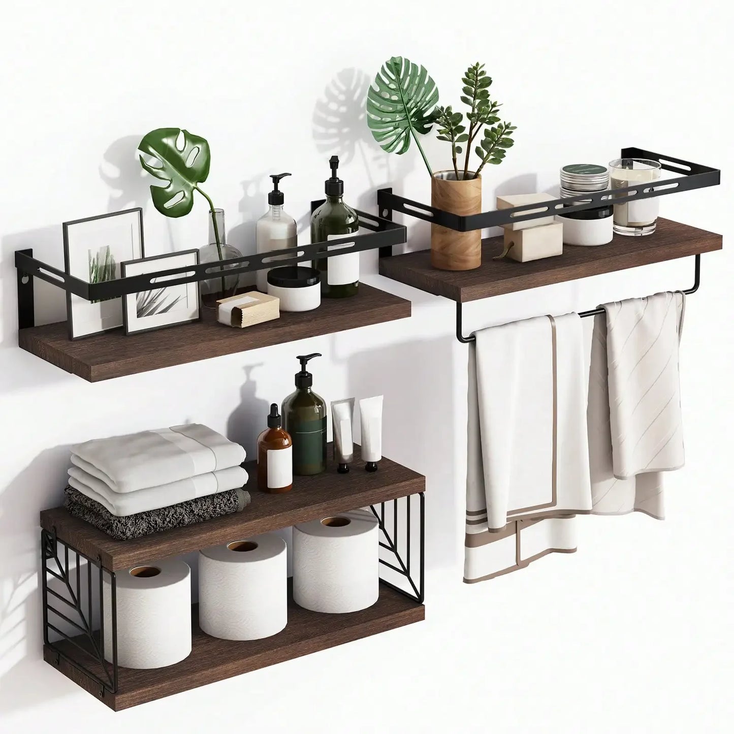 Wall Mounted Rustic Wood Bathroom Shelves Over Toilet Towel Bar