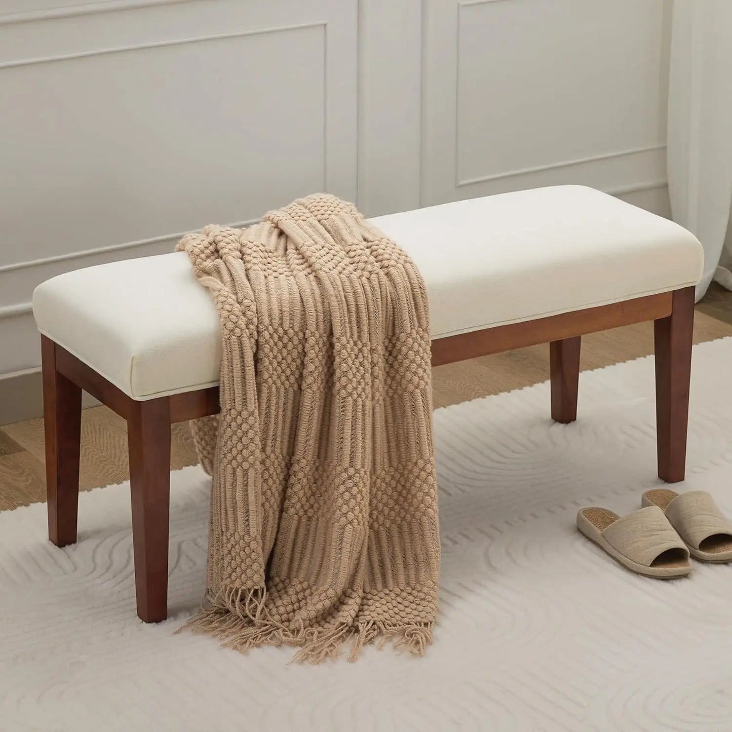 Linen Upholstered Bedroom Bench for End of Bed and Entryway