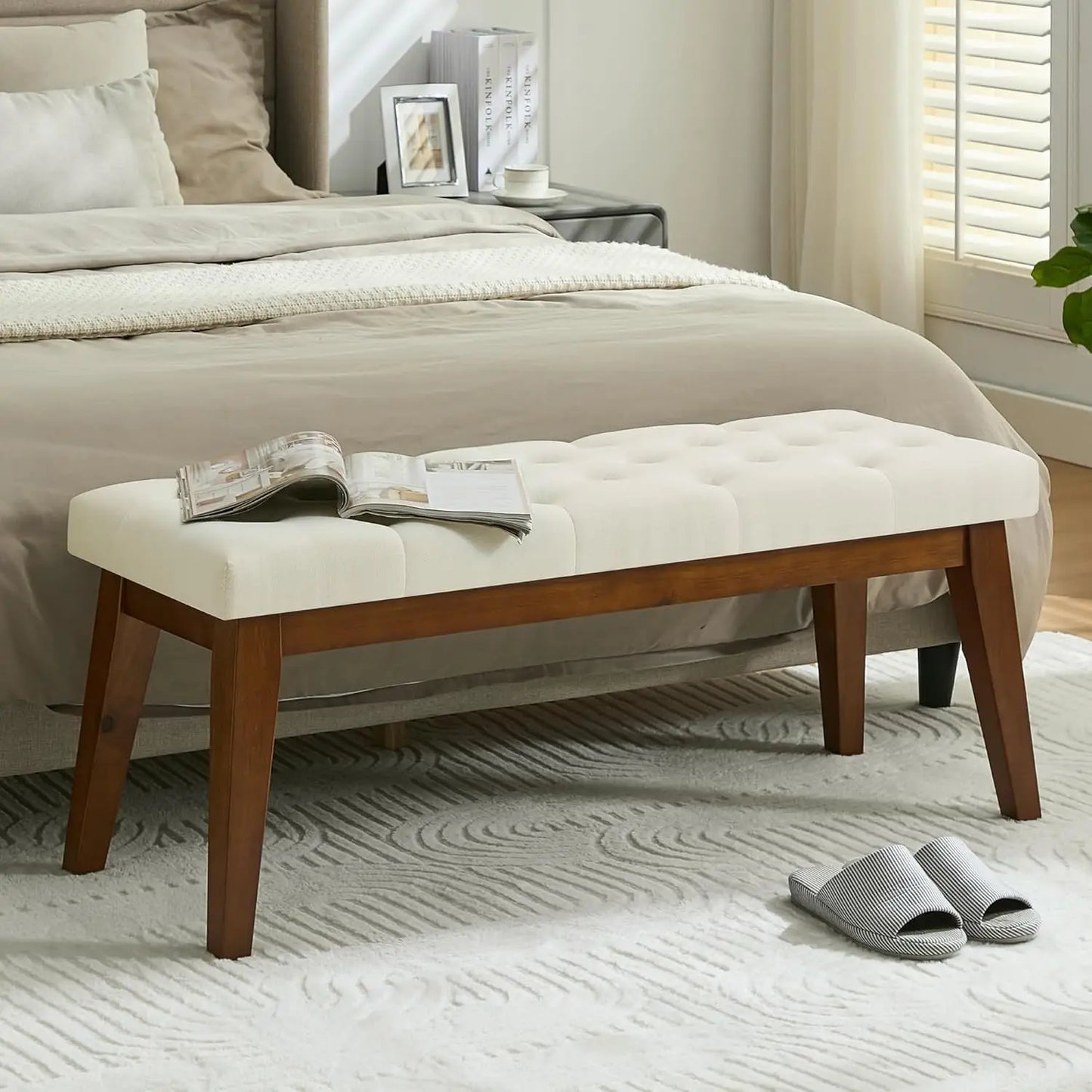 Linen Upholstered Bedroom Bench for End of Bed and Entryway