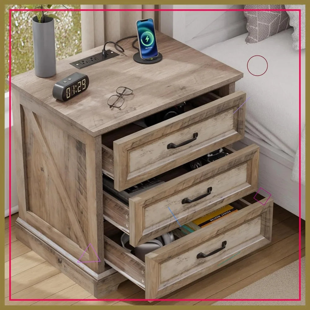 Farmhouse Nightstand With USB Charging Station And Three Drawers