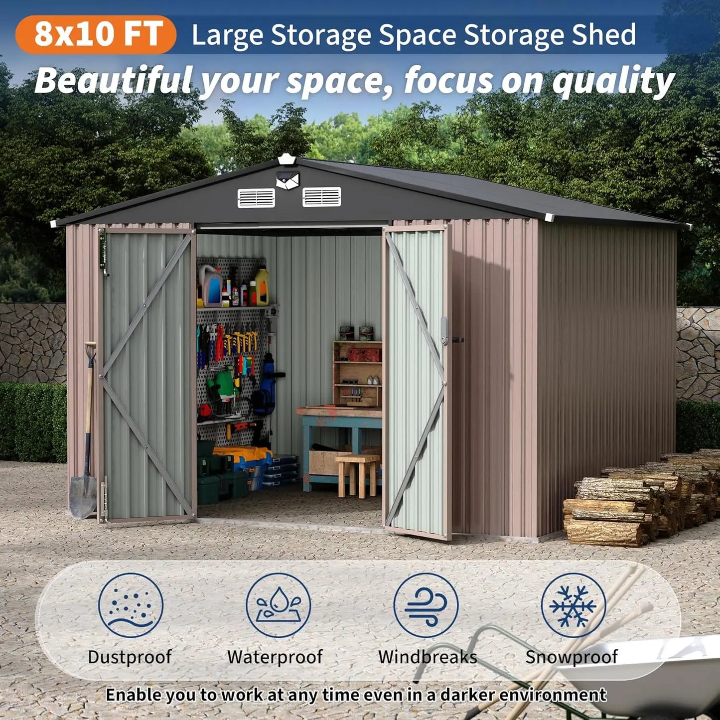 Outdoor Metal Storage Shed With Solar Light And Lockable Door