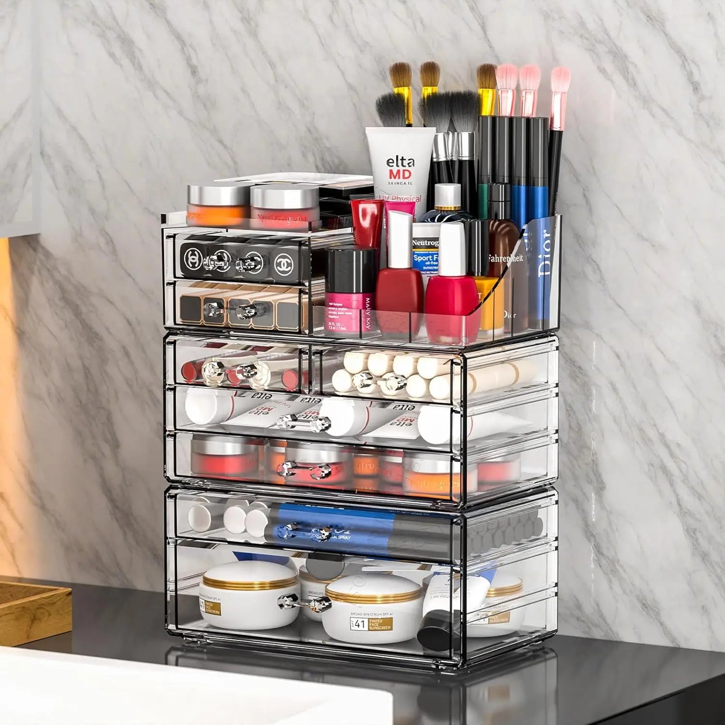 8-Drawer Clear Acrylic Makeup Organizer with Stackable Design for Vanity, Bathroom, and Desk Storage