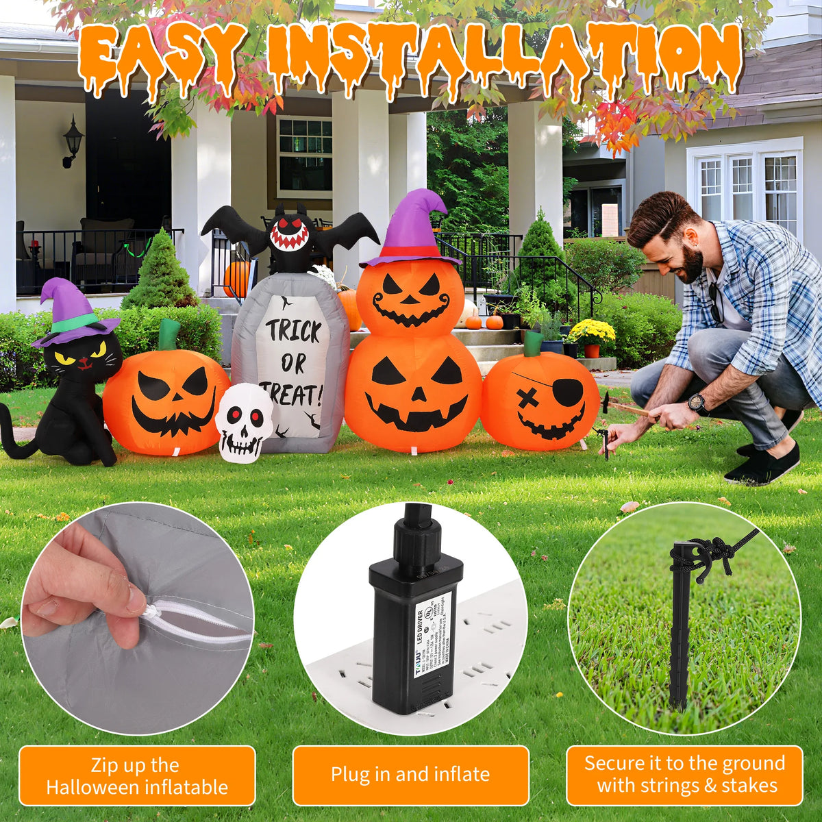 HiMISS Halloween Pumpkin Cat Tombstone Inflatable Decor With LED Lights
