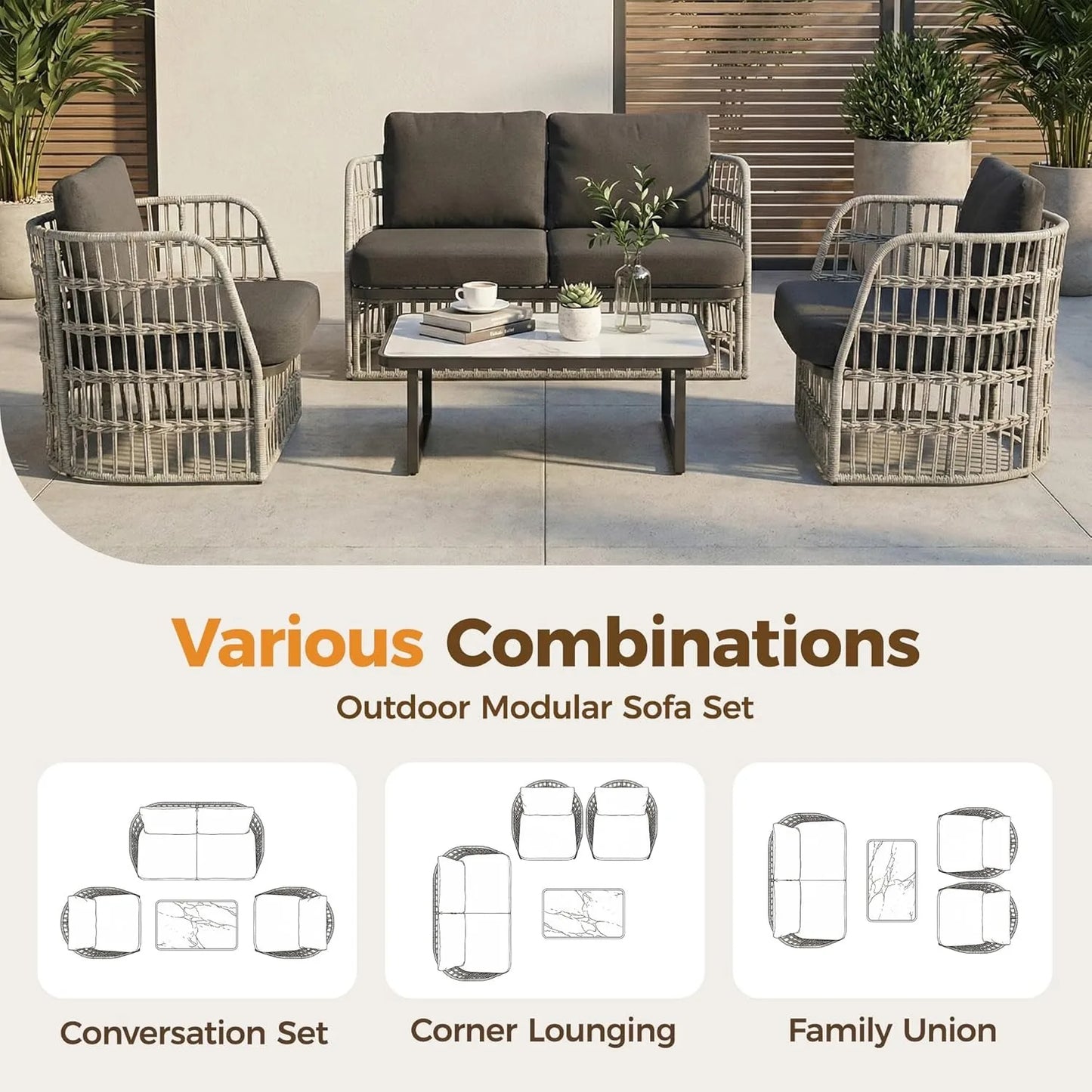 XIUWO 4 Piece Outdoor Wicker Sectional Sofa Set For Patio Poolside