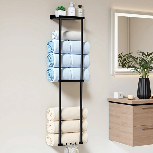 Towel Racks for Bathroom 3 Tier Towel Holder with Shelf & 6 Hooks Wall Mounted Vertical Rolled Towel Storage Organizer Hoder