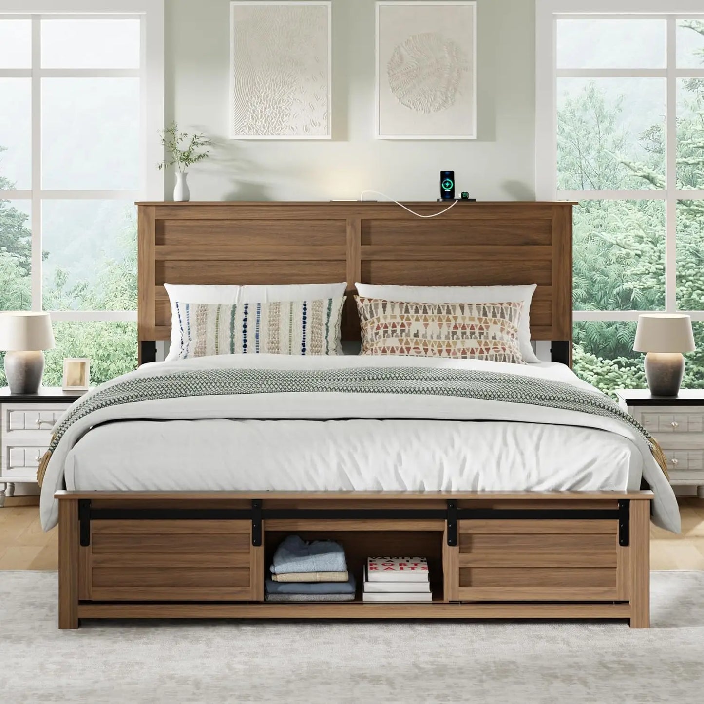 Bed Frame With Wooden Headboard And Sliding Barn Door Footboard