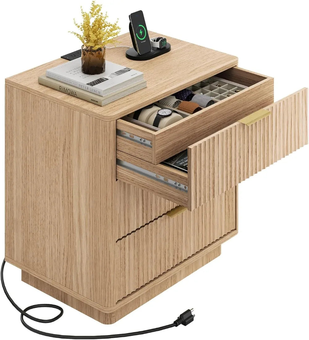 Fluted Nightstands Set Of 2 With Hidden Drawer Charging Station