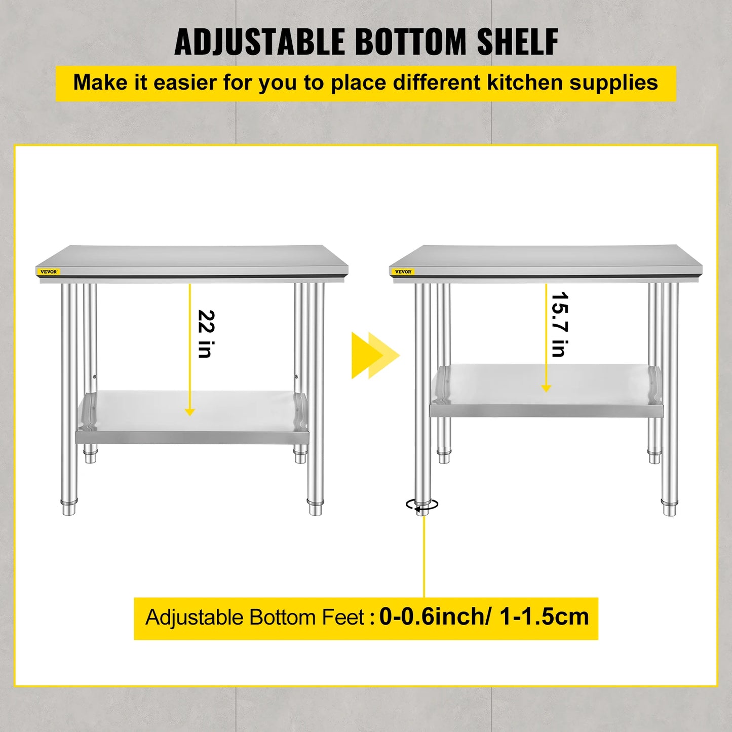 VEVOR Kitchen Work Bench Commercial Catering Table Worktable with Undershelf Stainless Steel 330LBS 286LBS for Restaurant Garage