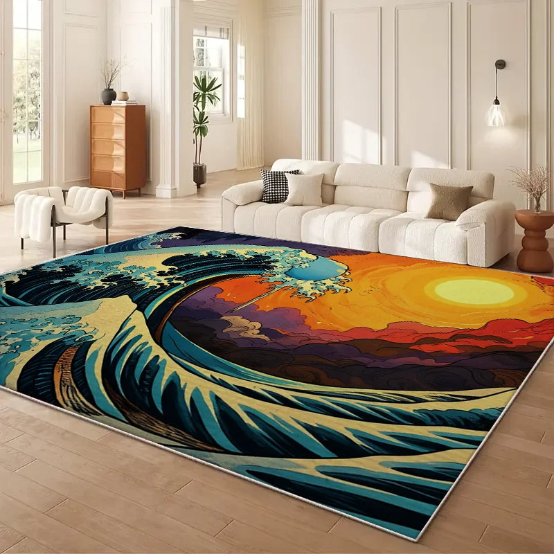 VIKAMA Japanese Cherry Blossom Wave Sofa Carpet Anti Slip Mat