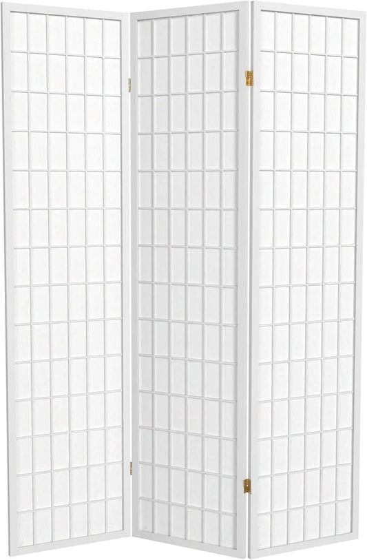 Japanese Shoji Room Divider Screen with Rice Paper Panels - 6 ft Tall, White Finish, 3 Panels