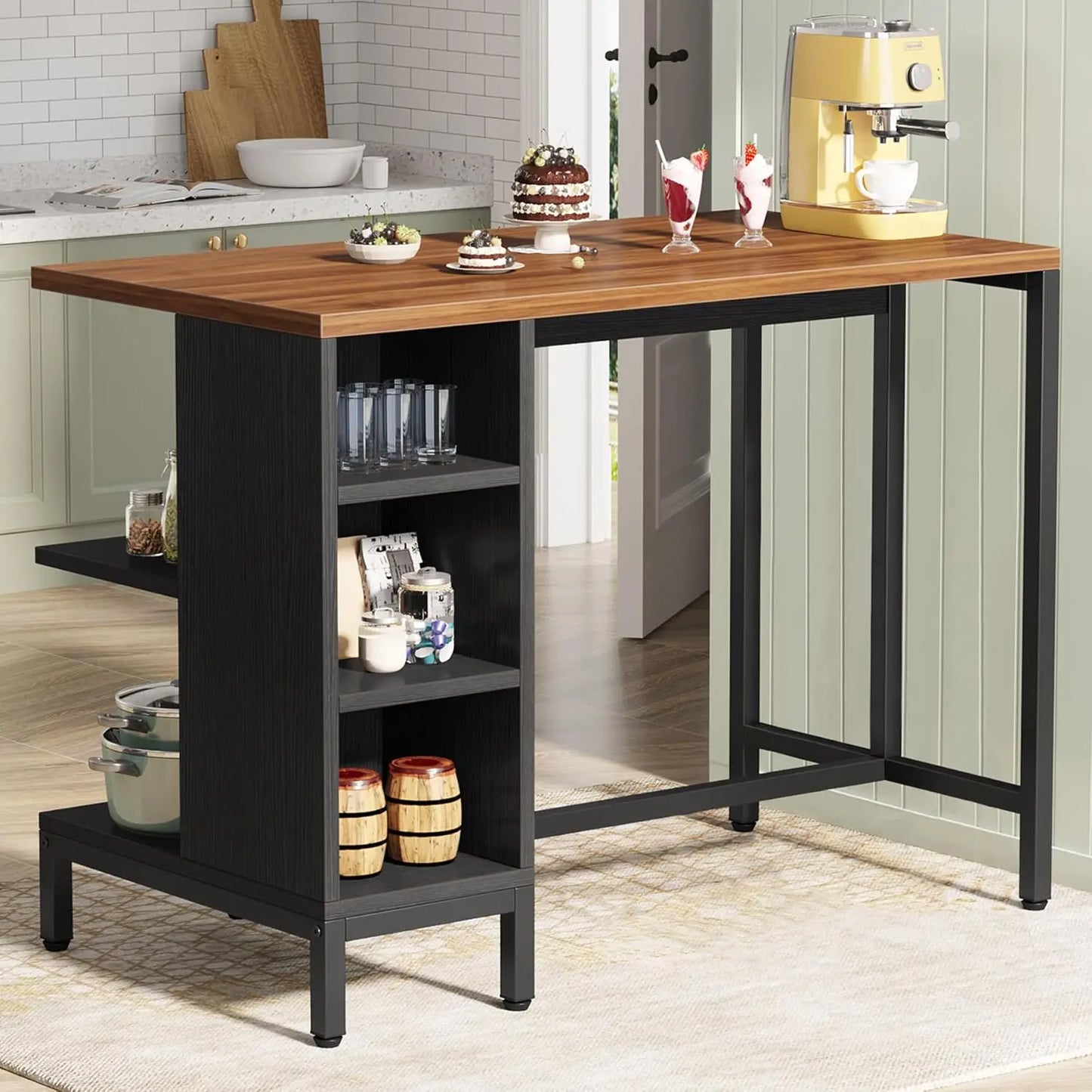 Kitchen Shelf Kitchen Bar Table with 5 Open Storage Shelves and Worktop, Industrial Butcher Block Island (Stools Not Included)