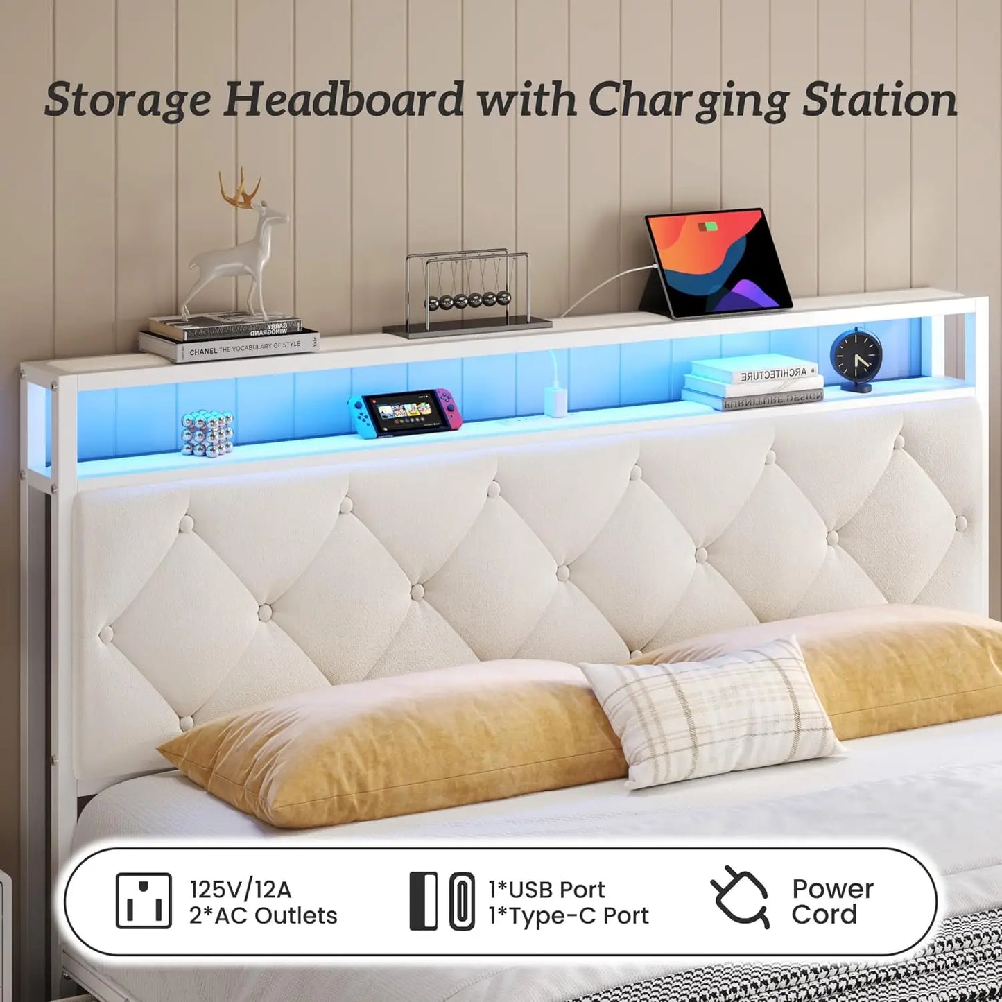 CHENGWEI Bed Frame With Headboard Storage Drawers LED Lights