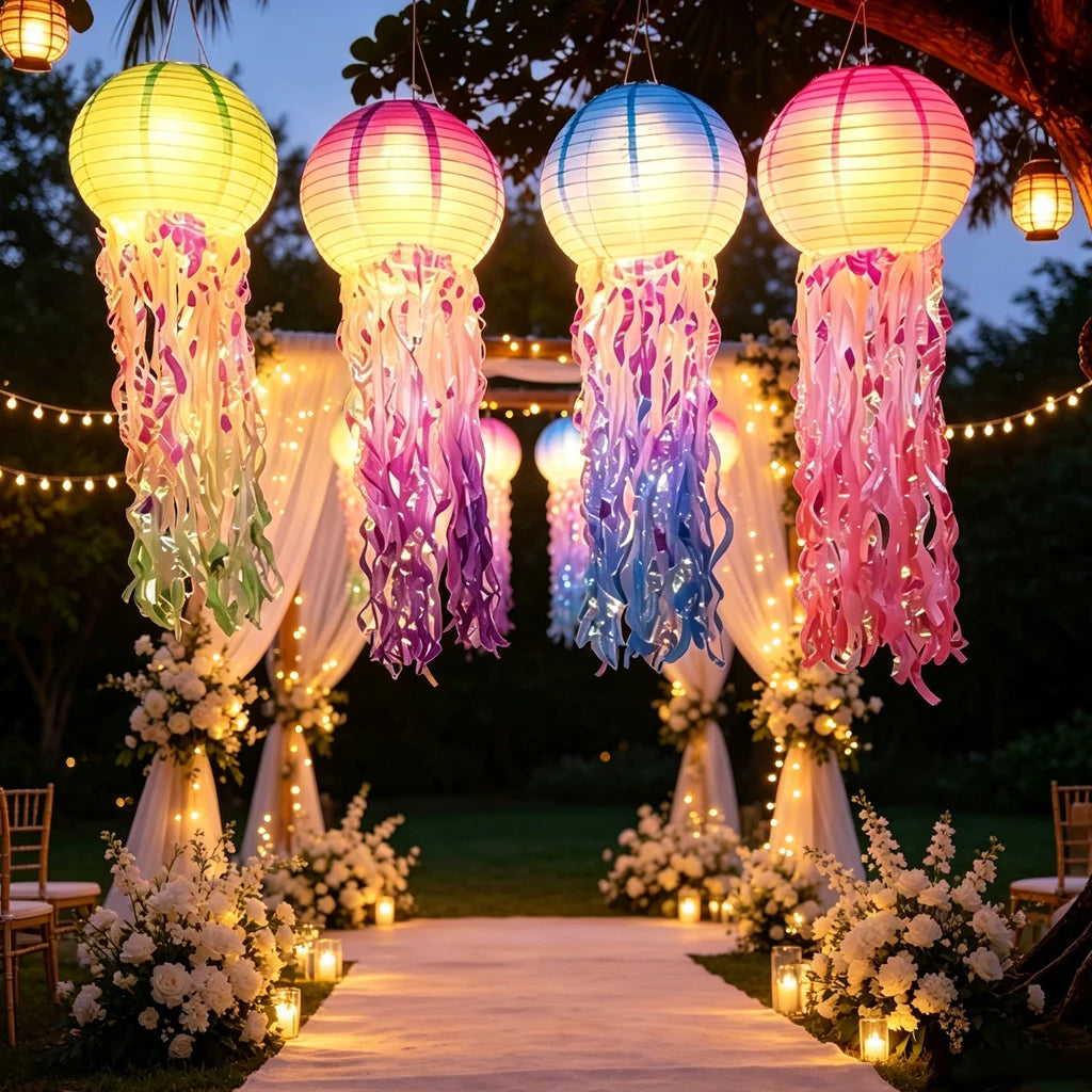 LED Jellyfish Paper Lanterns With Iridescent Tassels For Ocean Parties