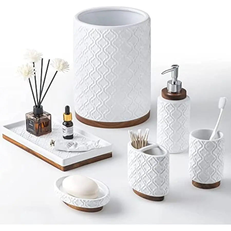Elegant Ceramic And Wood Six Piece Bathroom Accessories Set