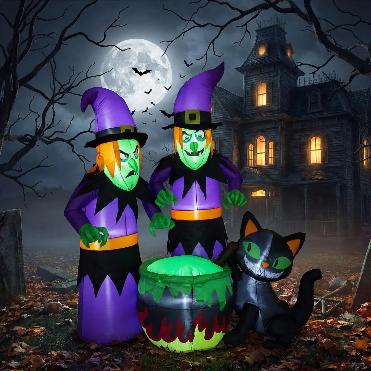 HiMISS Halloween Inflatable Witch Sisters And Black Cat Cauldron Decor