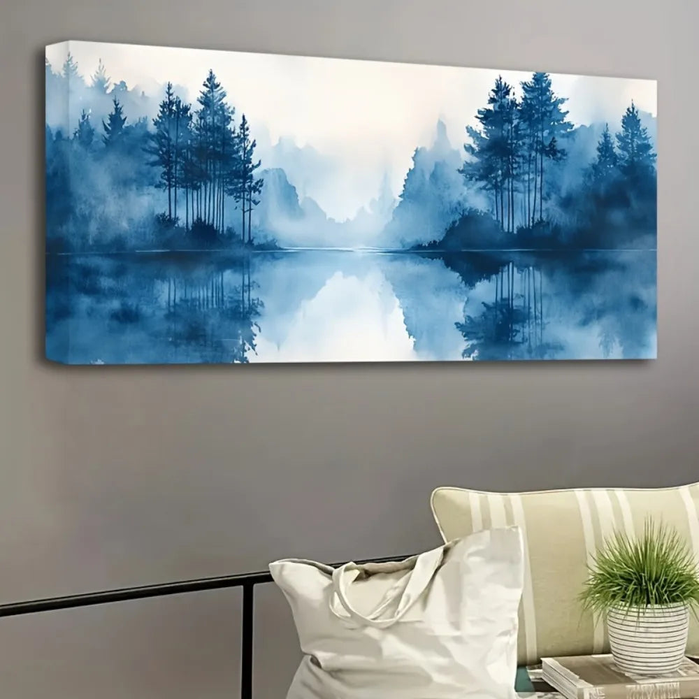 Modern Blue Ink Wall Art With Pine Solid Wood Frame