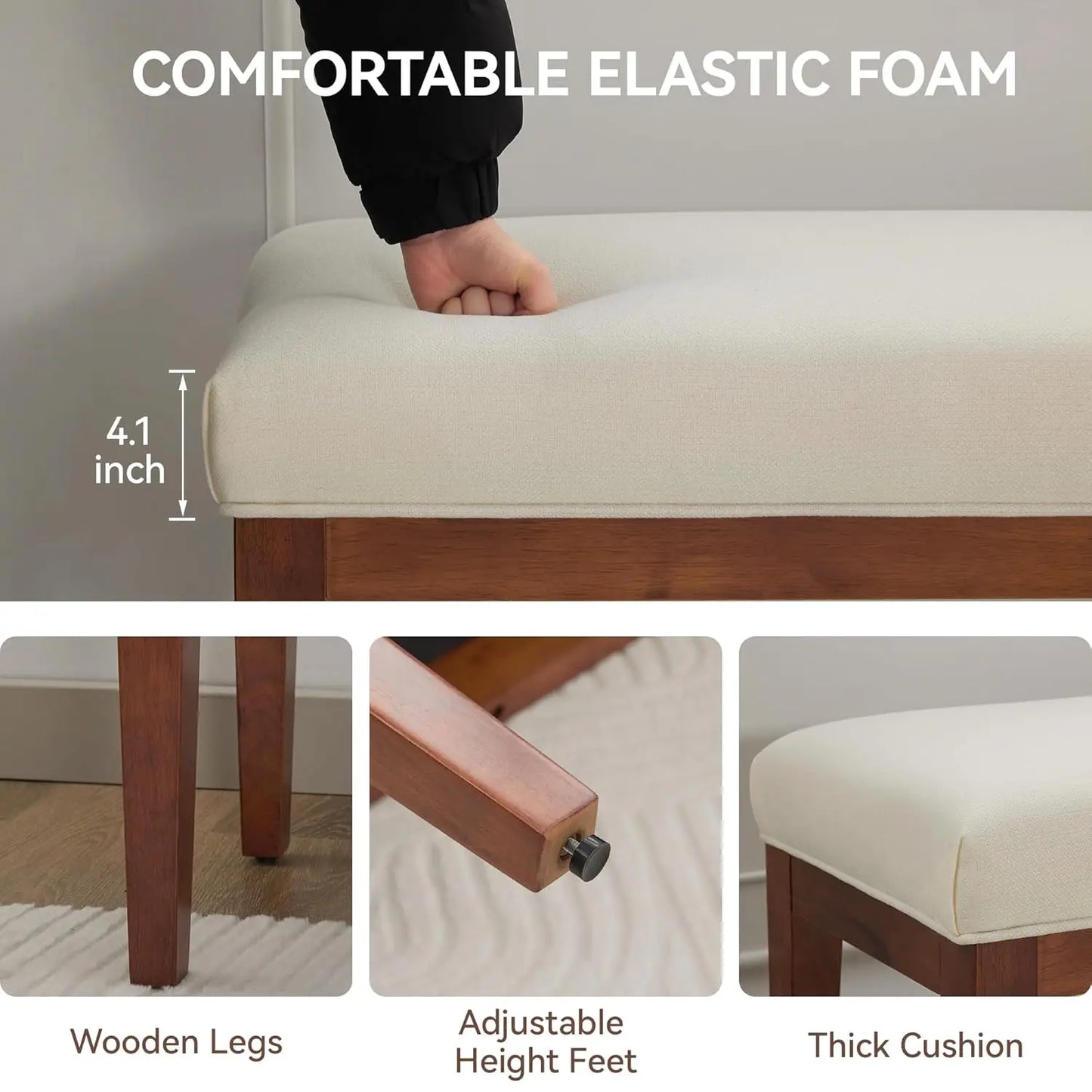 Linen Upholstered Bedroom Bench for End of Bed and Entryway