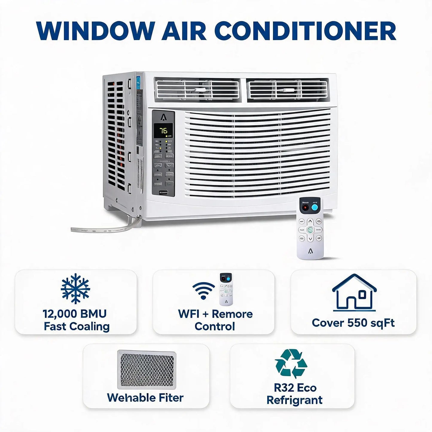 12000 BTU Smart Window Air Conditioner With WiFi Fast Cooling Cools Up To 550 Sq Ft Window AC Unit Includes Remote Control And Window Kit For Home Bedroom Office