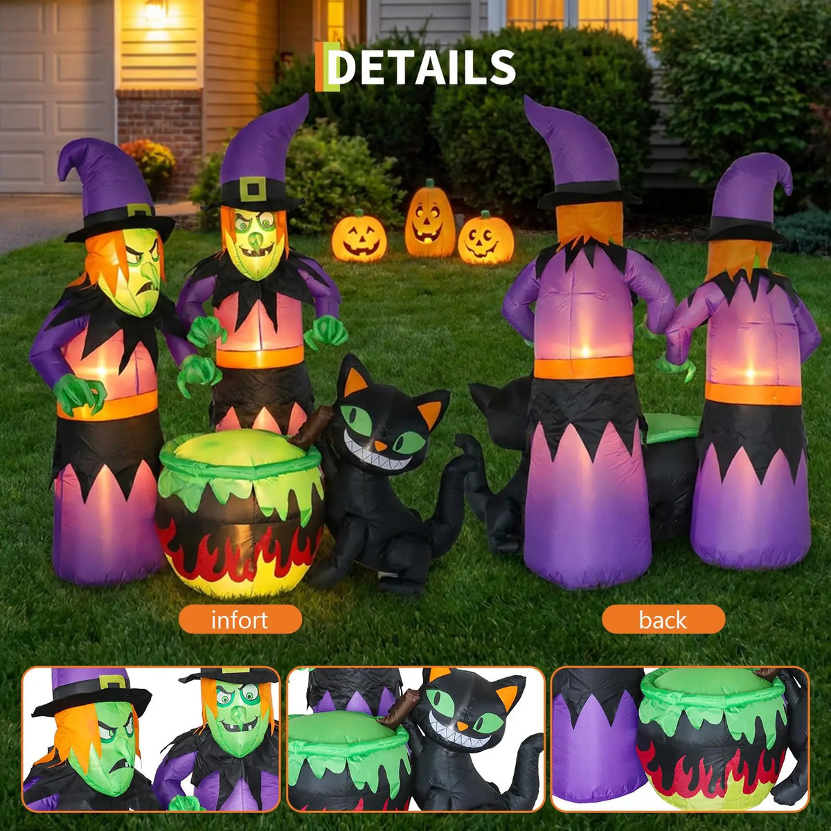 HiMISS Halloween Inflatable Witch Sisters And Black Cat Cauldron Decor