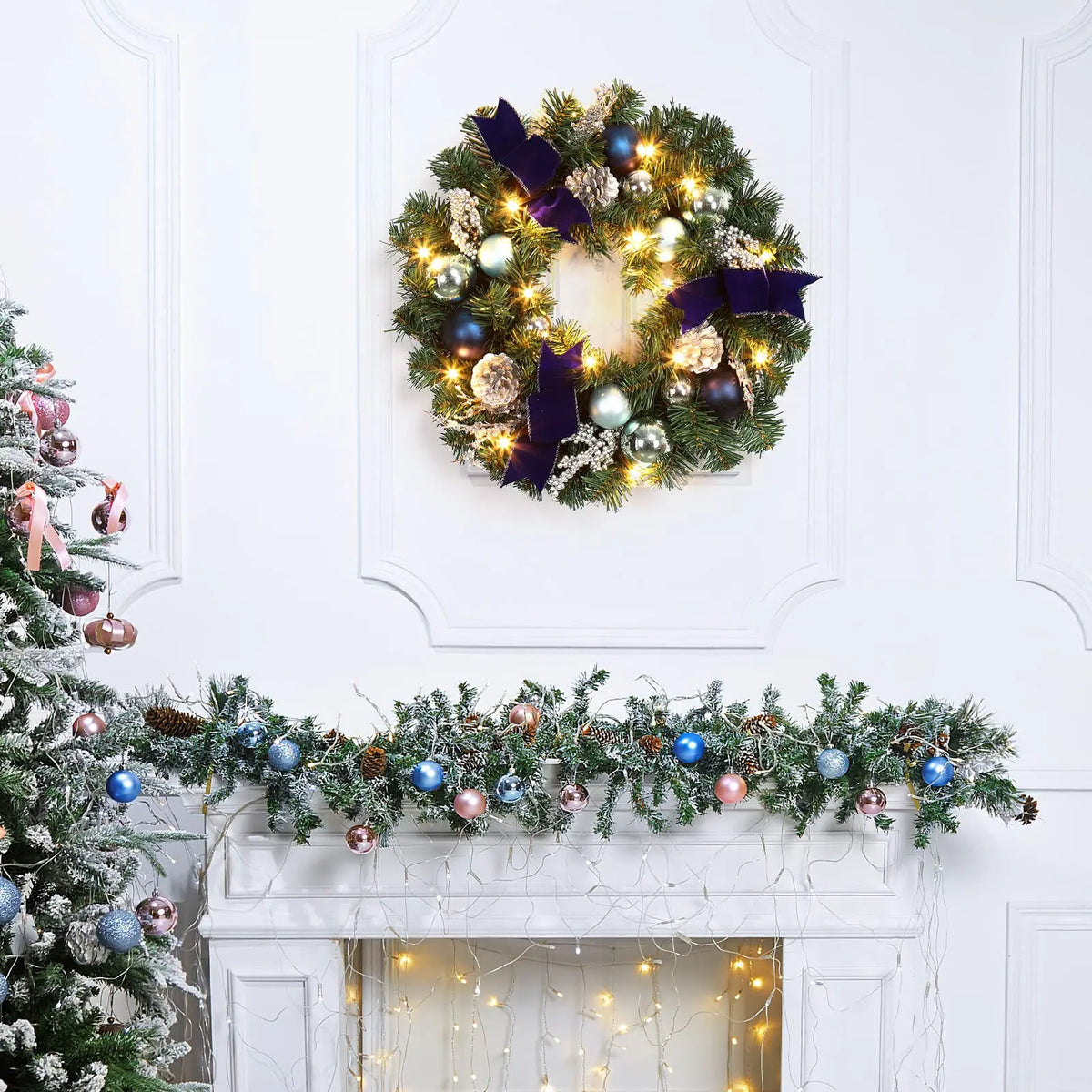 HiMISS Lighted Christmas Wreath With LED Lights And Velvet Bows