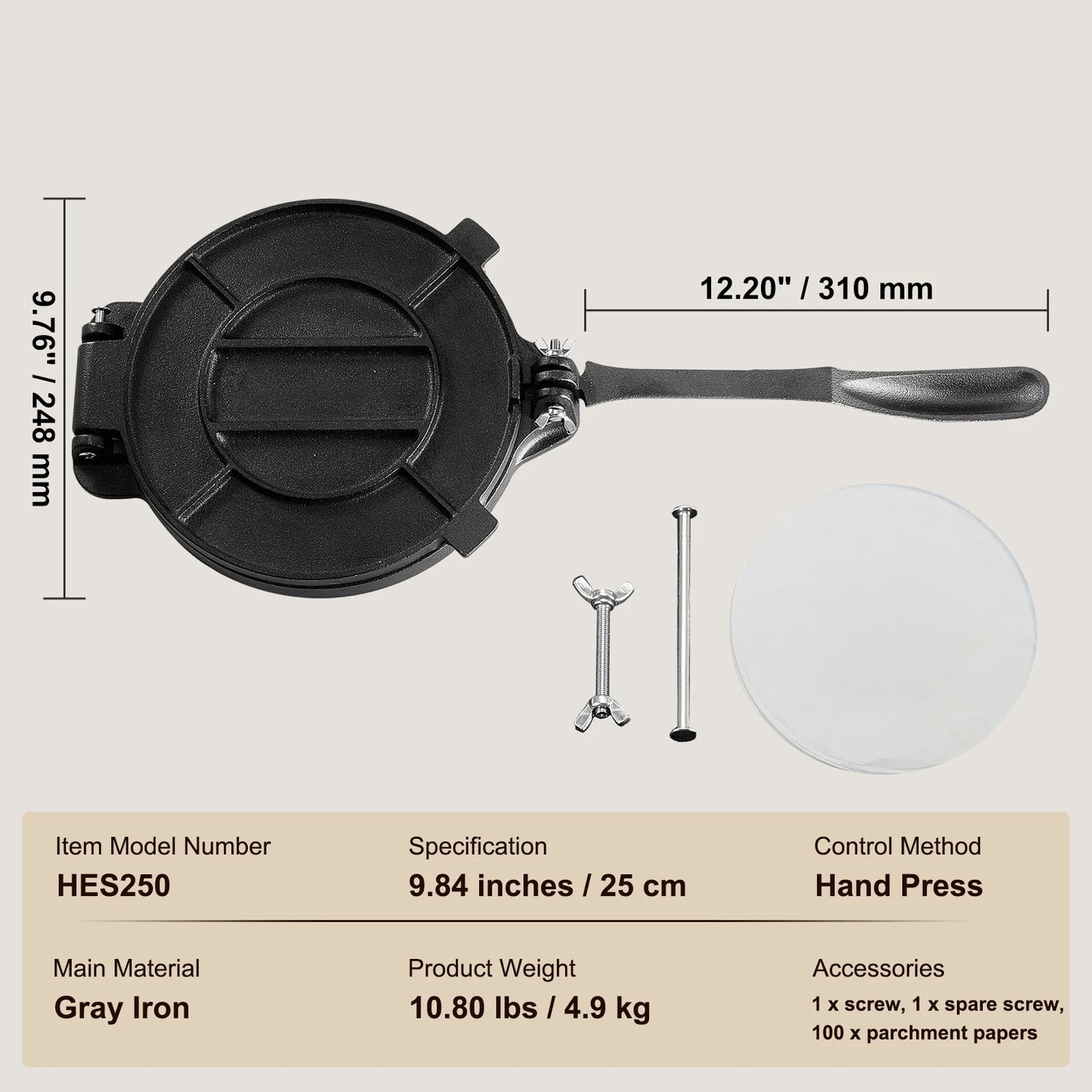 VEVOR Cast Iron Tortilla Press, Heavy Duty Dough Maker For Flour Tortillas