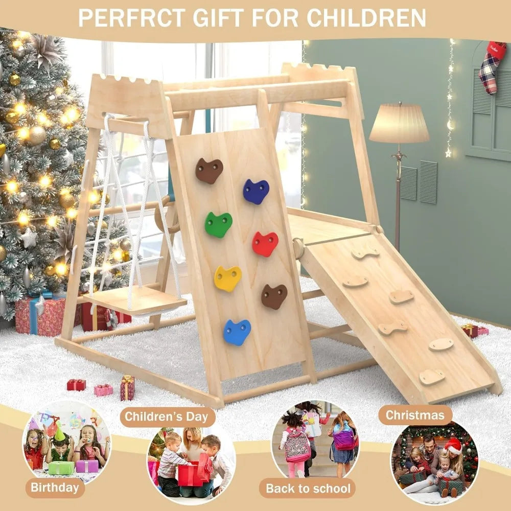 Indoor Toddler Climber Playset 8 In 1 Wood Jungle Gym