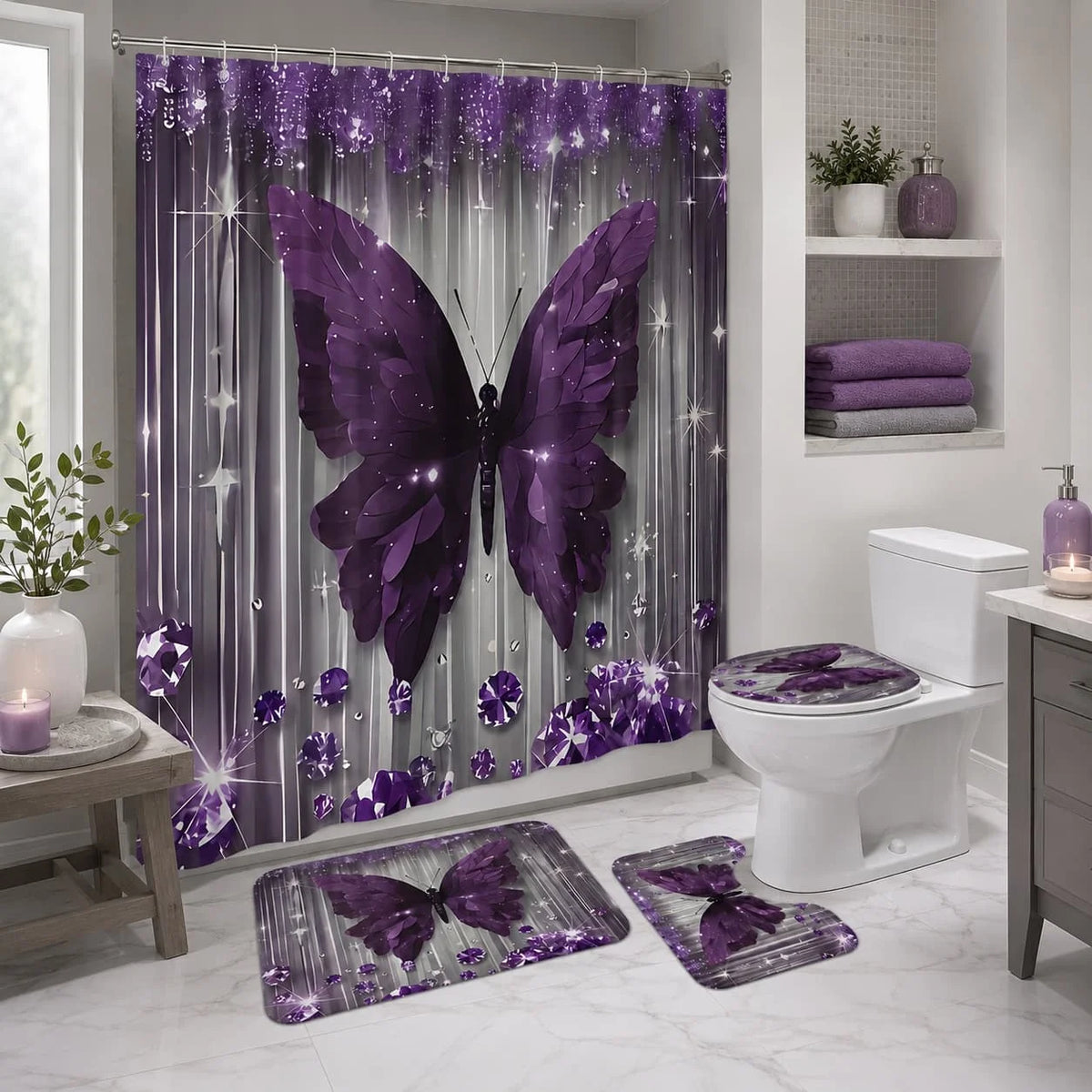 Butterfly Bathroom Set With Shower Curtain Rug And Toilet Cover