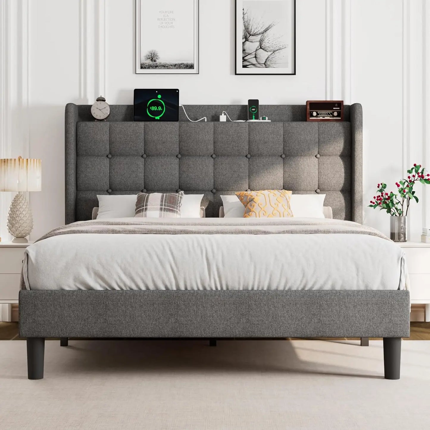 Upholstered Platform Bed Frame With Charging Station And Storage Headboard