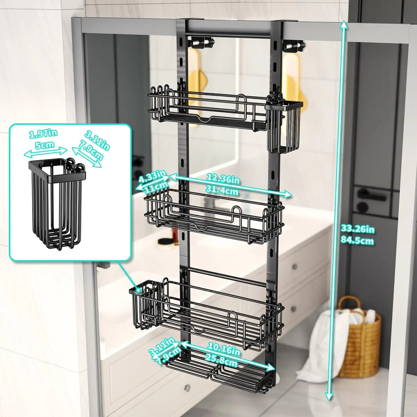 4-Tier Adjustable Over-the-Door Shower Caddy with 22 Hooks, 2 Toothbrush Holders, No Drilling Needed - Black