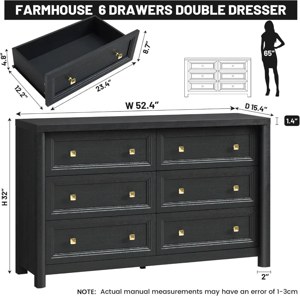 Farmhouse 6 Drawer Dresser In Solid Wood For Bedroom
