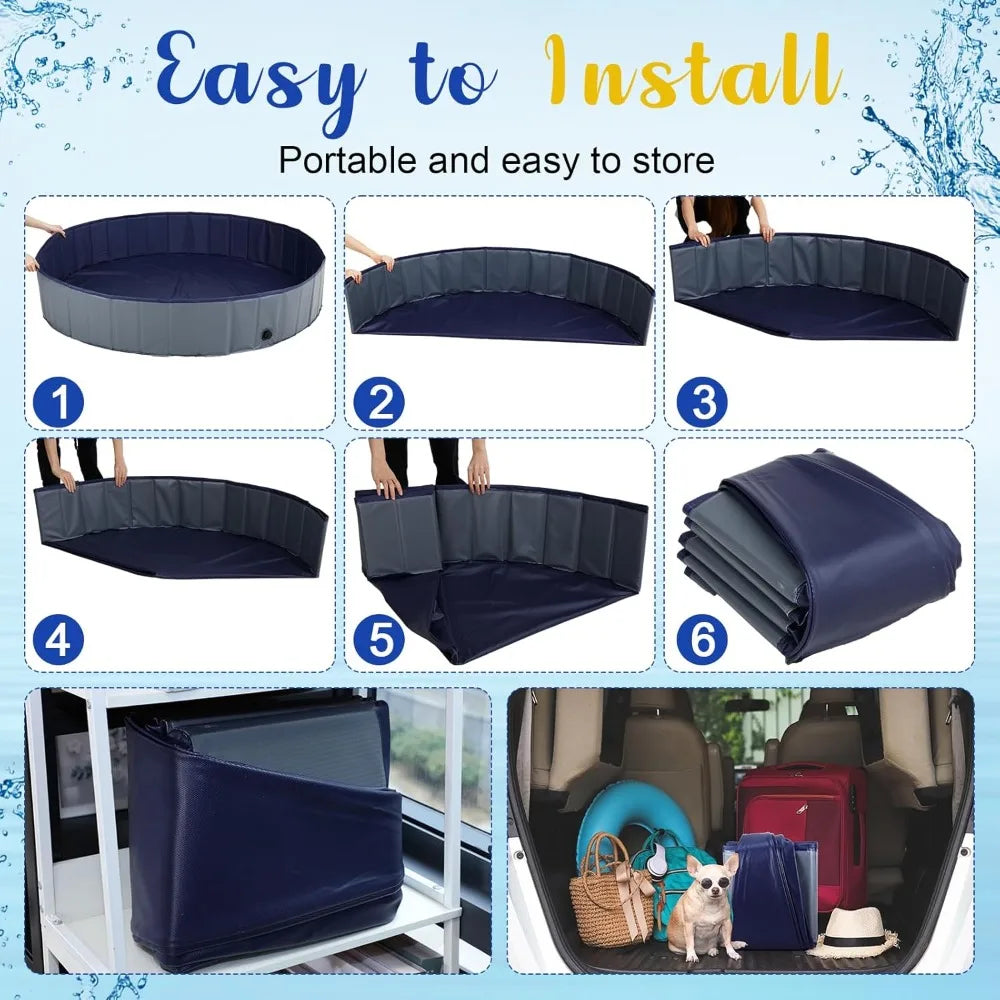 Foldable Dog Pool With Cover Portable Round Plastic Bath Tub