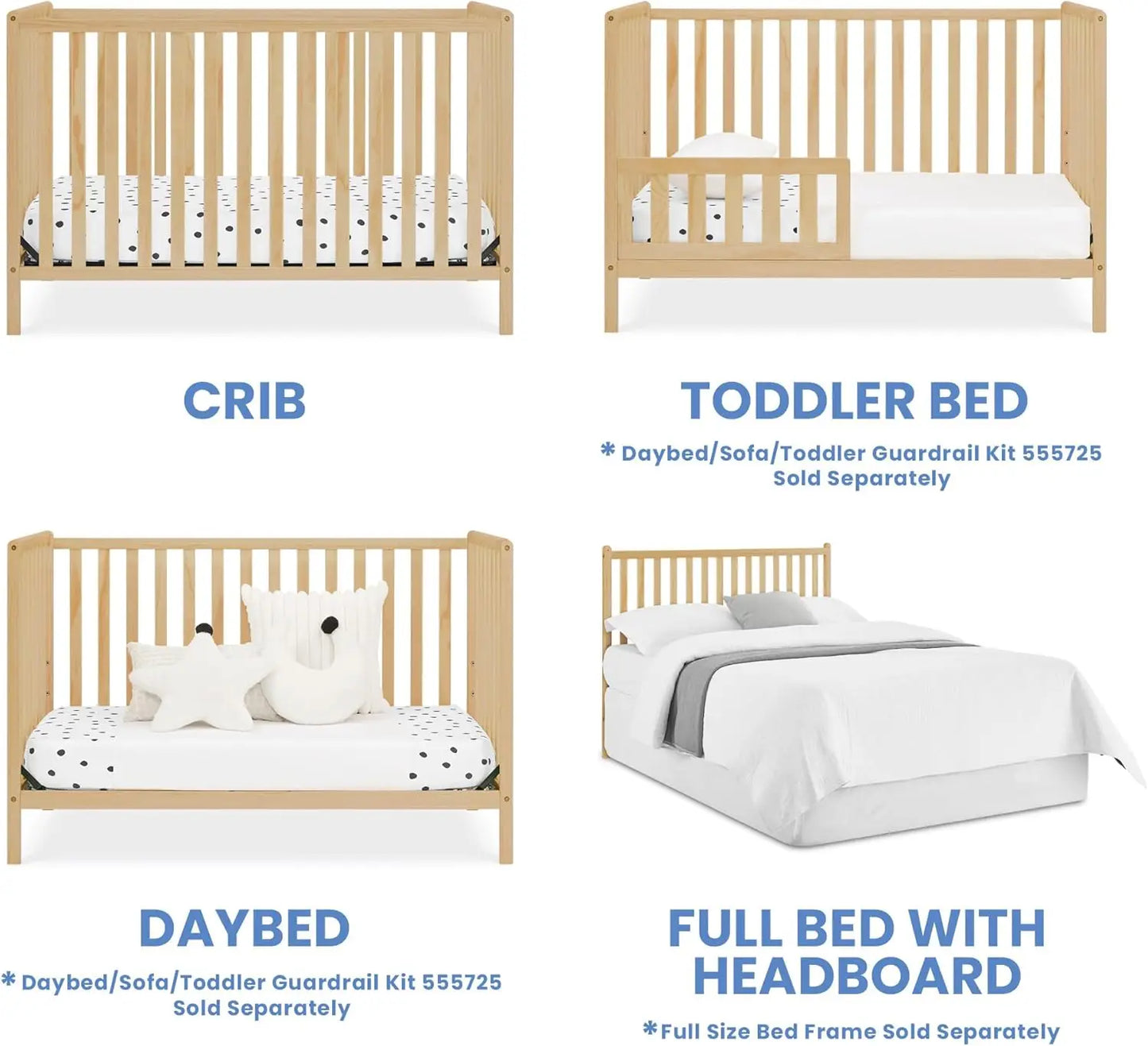 4-In-1 Convertible Baby Crib With Adjustable Height In Natural Wood