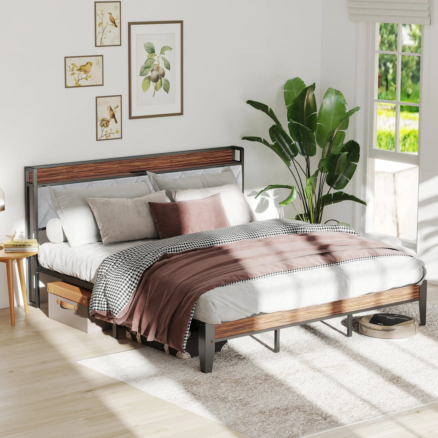 JHK Heavy Duty Metal Bed Frame With Charging Station