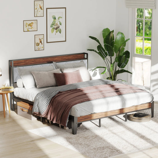 JHK Heavy Duty Metal Bed Frame With Charging Station