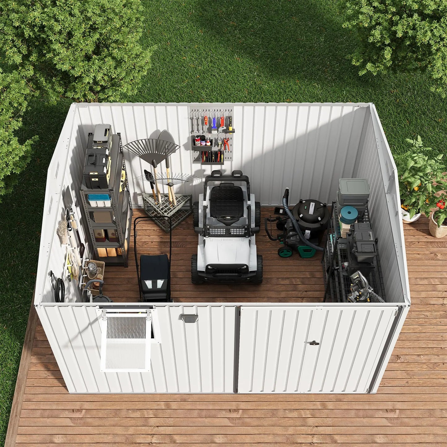 HiMISS Steel Garden Storage Shed With Sloped Roof Lockable Doors Vents Window