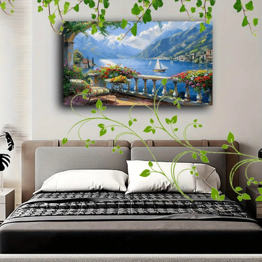 Interior Art Deco Decor With Floral Lake Mountains Balcony View