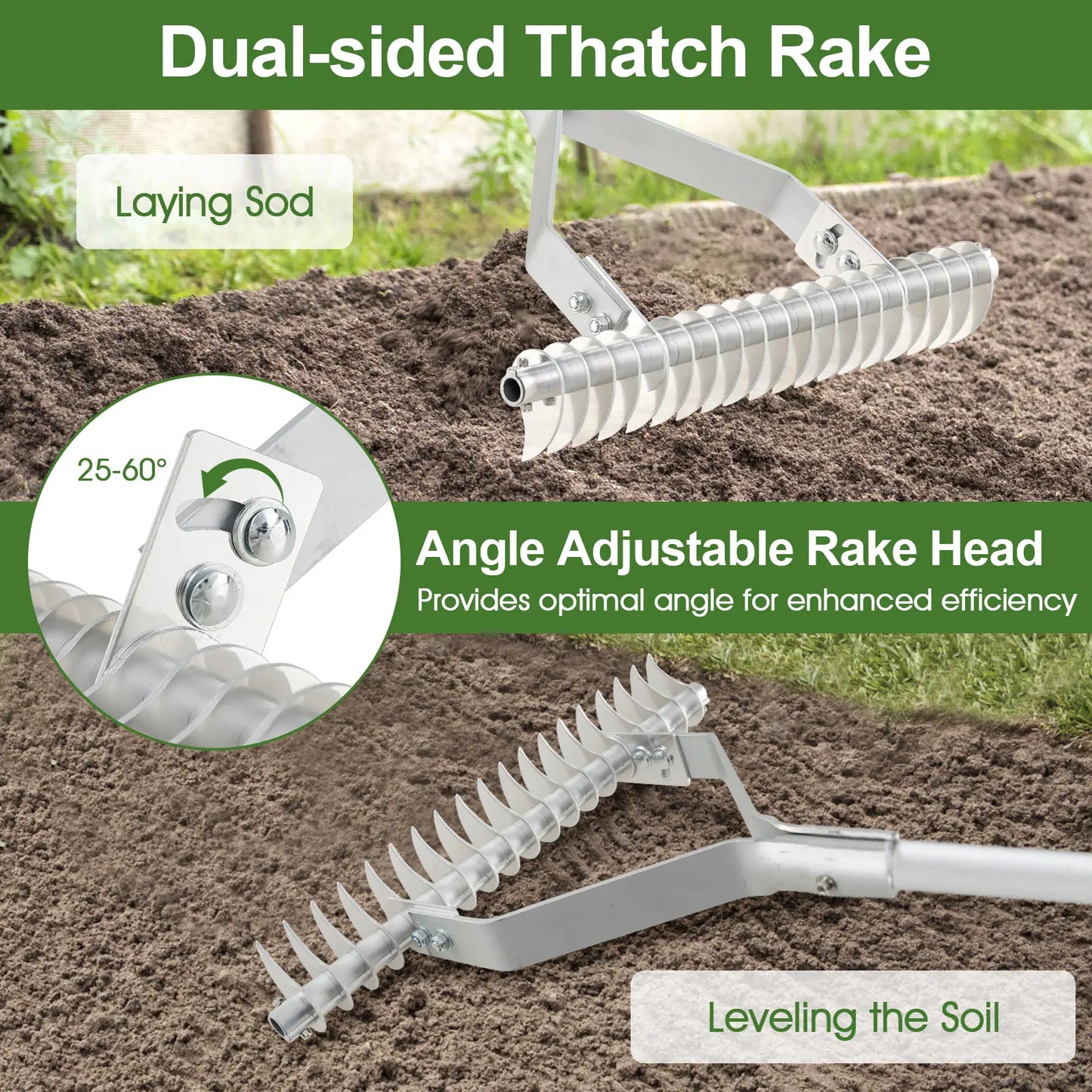 70" Garden Thatch Rake with Long Handle & 19 Curved Tines