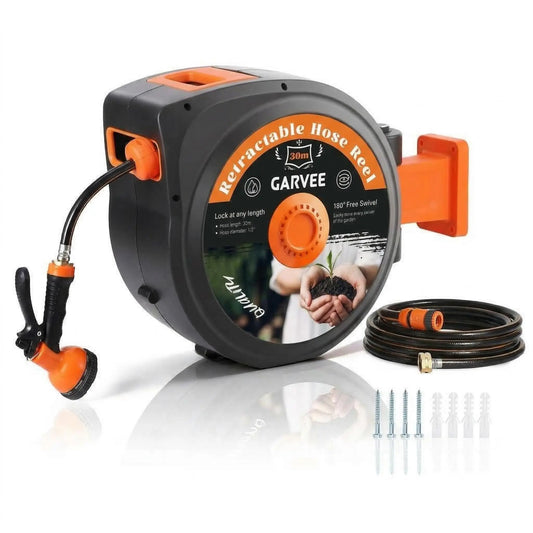 Retractable Garden Hose Reel, 1/2 Inch Wall Mounted Heavy Duty Garden Hose Reel with 10 Patterns Nozzle, Any Length Lock