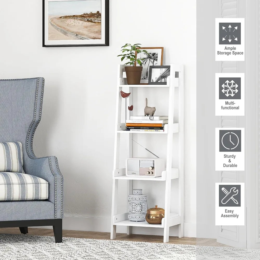 White 4-Tier Ladder Style Freestanding Bathroom Shelf with Open Wood Shelves for Space Saving