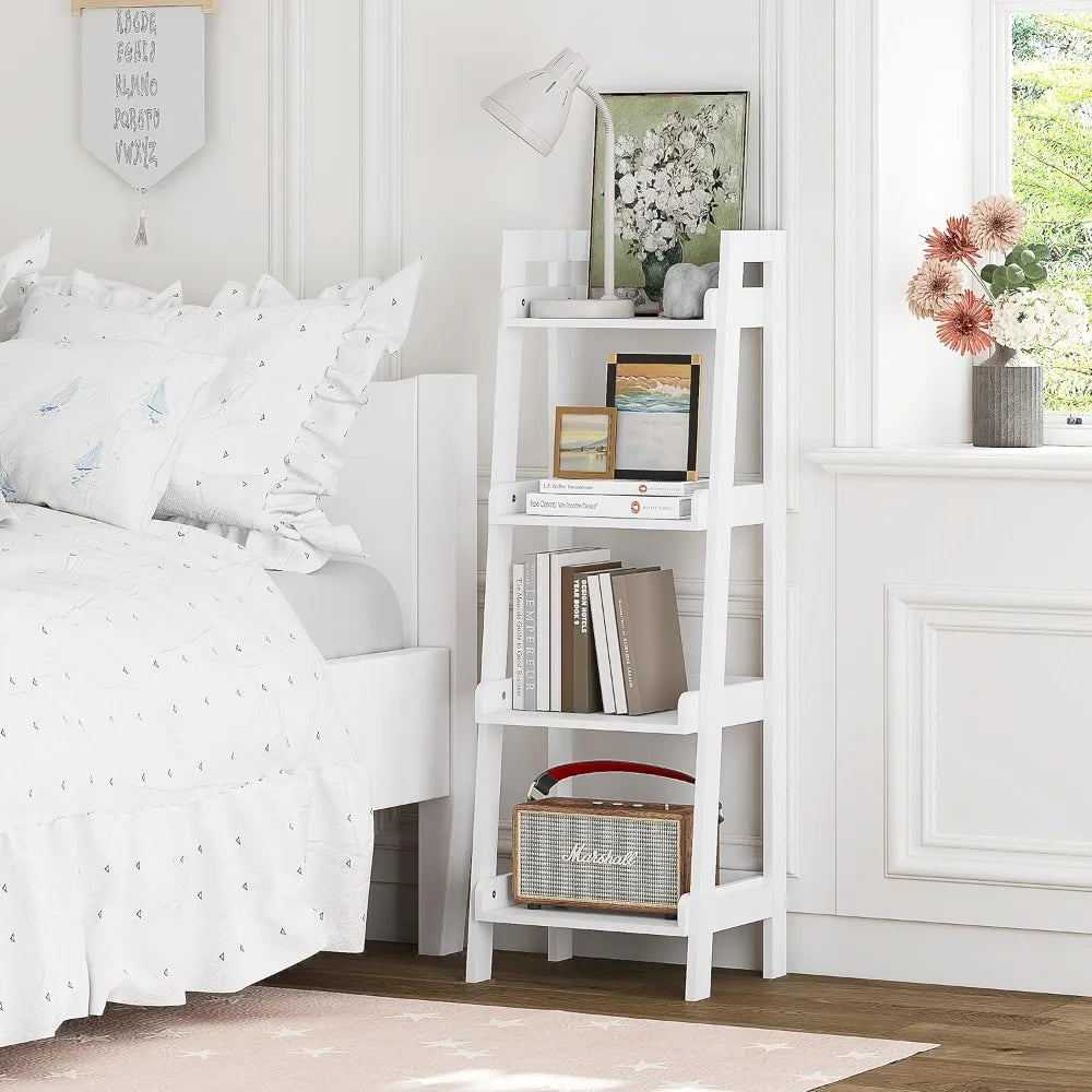 White 4-Tier Ladder Style Freestanding Bathroom Shelf with Open Wood Shelves for Space Saving