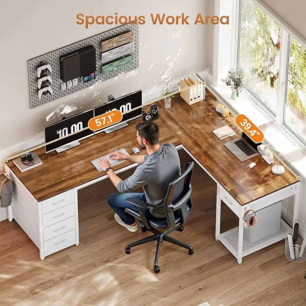 57 Inch L Shaped Desk With 5 Drawers And Power Outlet