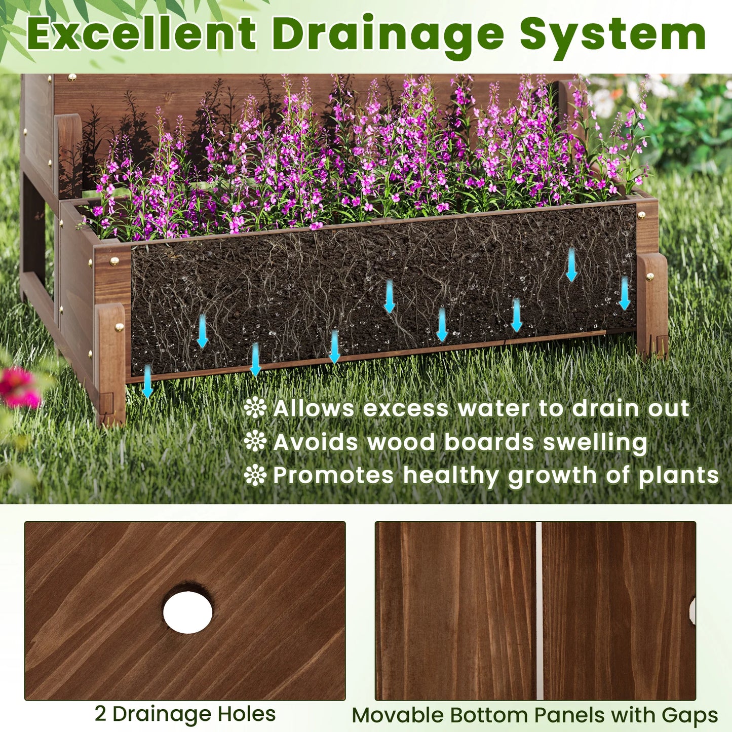 Raised Garden Bed with Trellis w/ Drainage Holes Legs Twisting Rope for Backyard