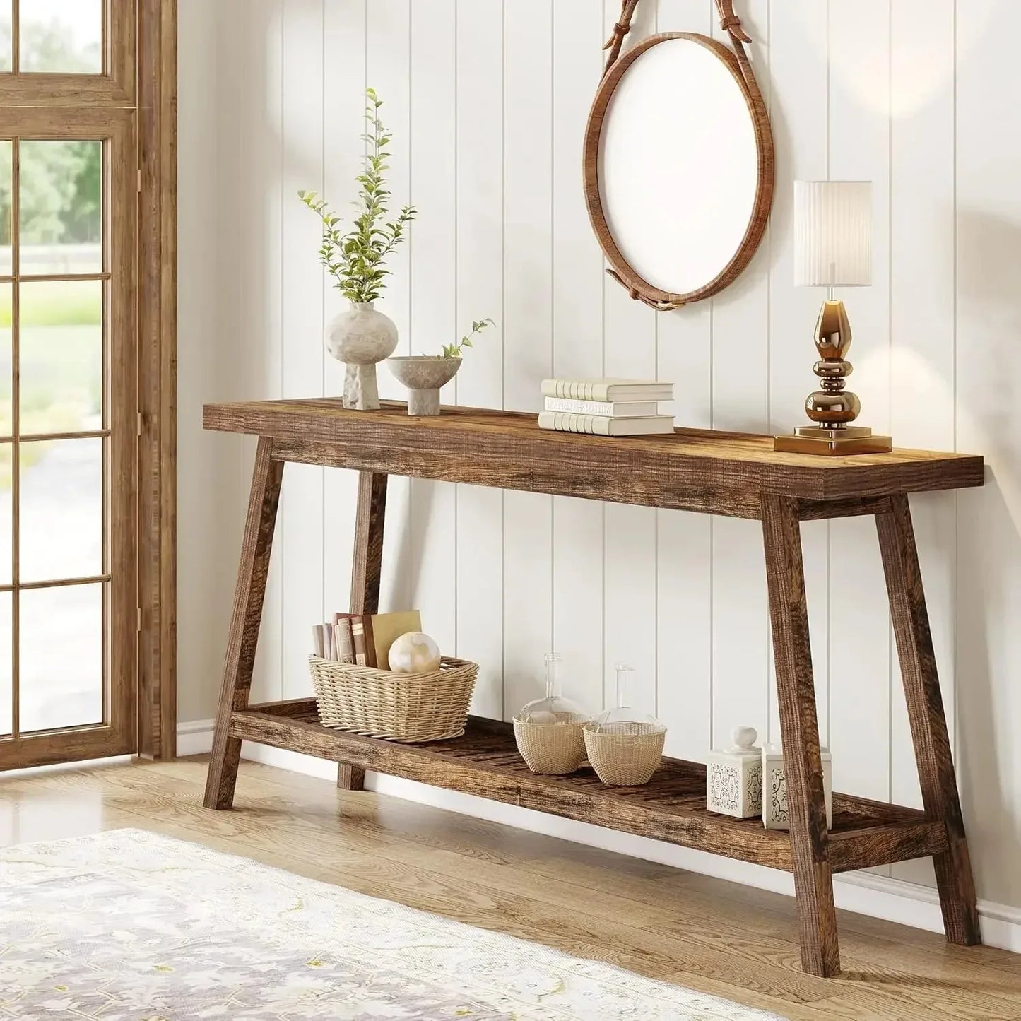 70.9 Inches All Wood Console Table for Entrance, 2 Tiers Narrow Long Behind Couch Sofa Table for Hallway, Living Room, Brown