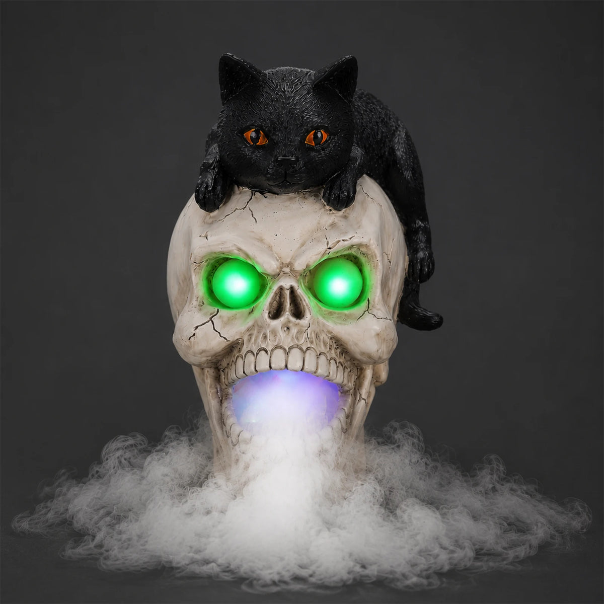 Halloween Black Cat Skull Statue With Fog And LED Lights