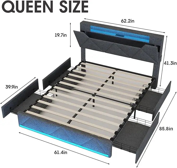Bed Frame With Storage Drawers, Upholstered Headboard, Charging Station, LED